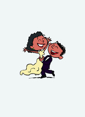 Couple of black newlyweds dancing, happy. Vector isolated characters.