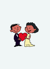 Couple of newlyweds holding a heart between them. Vector isolated characters.