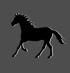 Fototapeta na wymiar Black silhouette of a running horse on gray background