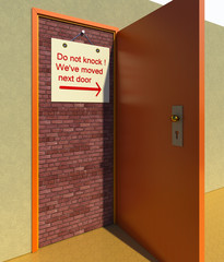 Brick sealed door 3D illustration. Warning sign, wooden door, surrounding wall.
