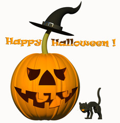 Happy Halloween 3D illustration composition. Black witch hat, halloween pumpkin, black cat. Isolated on white. Collection.