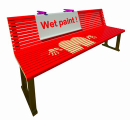 freshly painted red park bench 3D illustration isolated on white. Who is red handed? Collection.