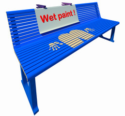 Freshly painted park bench 3D illustration isolated on white. Blue paint, prints, warning sign. Collection.