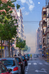 Alicante 9 October 2017: fire in a street of the center of the city in Alicante, Spain