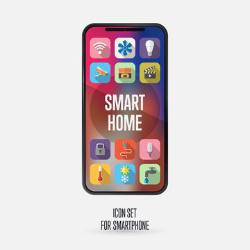 Icons for smart house system. A modern smartphone with a smart home app. Flat style icons. Vector illustration.