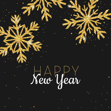 Golden Glitter Snowflake Happy New Year Greeting Card for your Invitation, Banner, Calendar in vector
