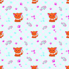 Cute cat seamless pattern. Kitty with fish. Blue background. Sweet red funny kitten
