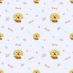 Cute seamless pattern with funny puppy butterflys and bones . pastel colors background pink and blue. smile dog