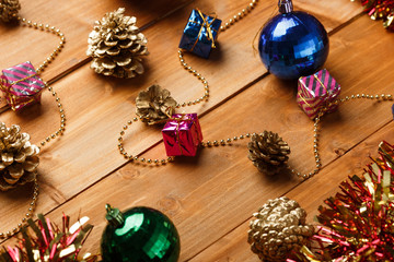 Christmas decoration on brown wooden background