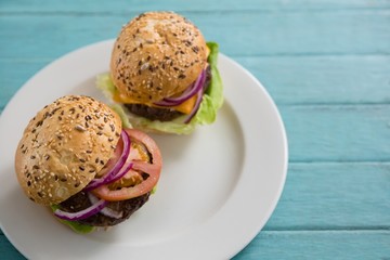Close up of burgers in plate