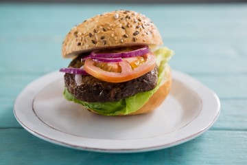 Close up of hamburger in plate