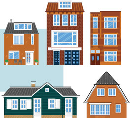 various isolated townhouses. Flat style.