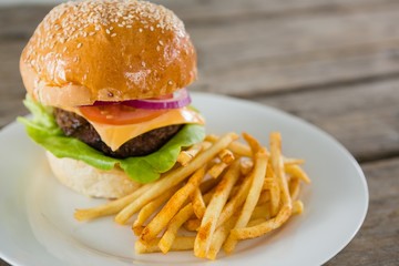 Close up of hamburger and french fries in plate