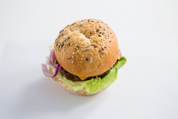 High angle view of hamburger with sesame seed