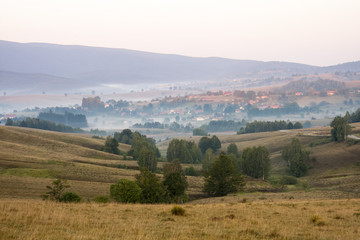 Fototapeta na wymiar Romanian mountain landscape with fog and trees 