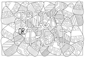 Candy corn sweets vector coloring page. Candy corn with ornament. Halloween coloring page.