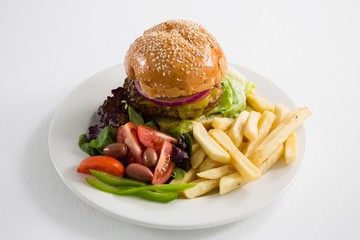 French fries with salad and burger