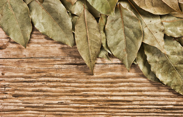 dry bay leaf on an old wooden board