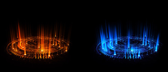 Obraz premium Versus round blue and red glow rays night scene. Light effect podium. .Disco club dance floor. Beam stage. Magic fantasy portal. Futuristic teleport.