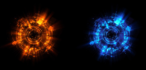 Versus round blue and red glow rays night scene. Light effect podium. .Disco club dance floor. Beam stage. Magic fantasy portal. Futuristic teleport.