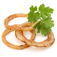 Delicious crispy fried onion rings isolated on white