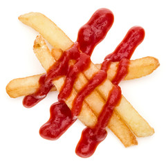 French Fried Potatoes with ketchup isolated on white background
