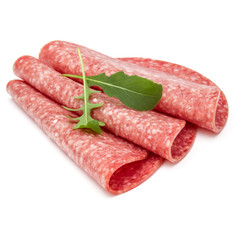 Salami smoked sausage slices isolated on white background