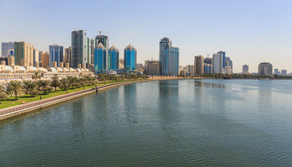 Fototapeta premium View of the embankment of Sharjah Creek