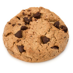 One Chocolate chip cookie isolated on white background. Sweet biscuit. Homemade pastry.