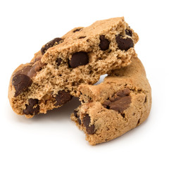 One broken Chocolate chip cookie isolated on white background. Sweet biscuit crumbs. Homemade pastry.