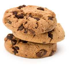 Stacked Chocolate chip cookies isolated on white background. Sweet biscuits. Homemade pastry.