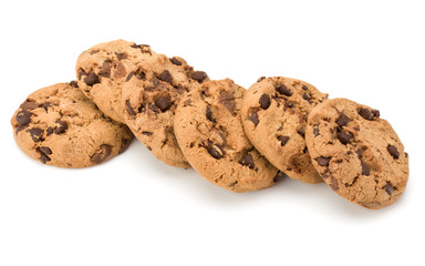 Chocolate chip cookies isolated on white background. Sweet biscuits. Homemade pastry.