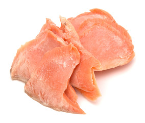 smoked salmon segments isolated on white background cutout. Prepared fish fillet fibres.
