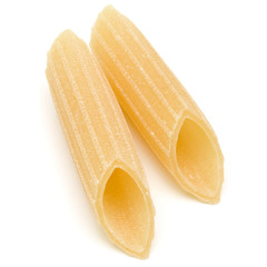 Italian pasta isolated on white background. Pennoni. Penne rigate.