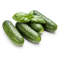 Cucumber vegetable and basil leaves isolated on white background cutout