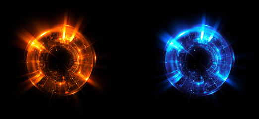 Versus round blue and red glow rays night scene. Light effect podium. .Disco club dance floor. Beam stage. Magic fantasy portal. Futuristic teleport.