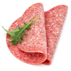 Salami smoked sausage slices isolated on white background
