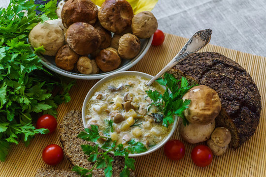 Homemade soup with mushrooms and sour cream, on the table.