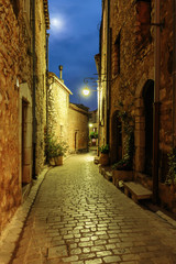 Obraz premium Narrow cobbled street with flowers in the old village at night, France.
