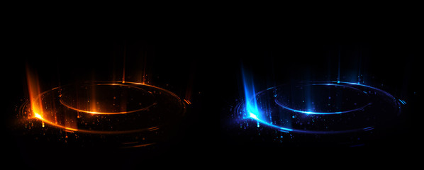 Fototapeta premium Versus round blue and red glow rays night scene. Light effect podium. .Disco club dance floor. Beam stage. Magic fantasy portal. Futuristic teleport.