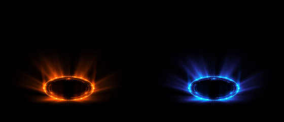 Versus round blue and red glow rays night scene. Light effect podium. .Disco club dance floor. Beam stage. Magic fantasy portal. Futuristic teleport.