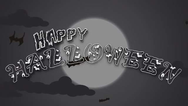 Happy Halloween Text, Full Moon Animation With Flying Bat - 4K Resolution Ultra HD UHD
