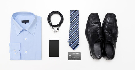Men's outfits with blue shirt. Clothes shop