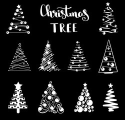 Christmas collection of decorative trees. Isolated object on white background. Doodles and sketches. Concept tree icon collection