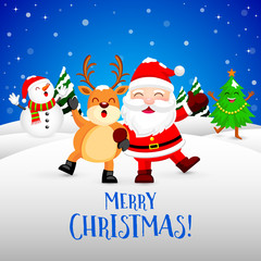 Funny Christmas Characters design on snow, Santa Claus, Snowman, Xmas tree and Reindeer. Merry Christmas and Happy new year concept. Illustration isolated on blue background.