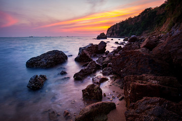 sunset sky at laem chabang coast in chonburi eastern of thailand