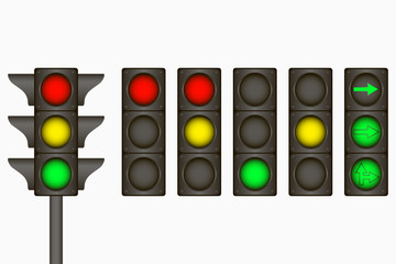 Traffic light. Electric sign for regulate traffic on the road with red, yellow, green lamps and arrows. Vector illustration.