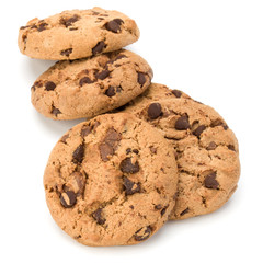 Chocolate chip cookies isolated on white background. Sweet biscuits. Homemade pastry.