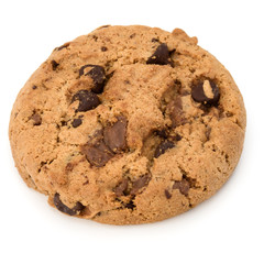 One Chocolate chip cookie isolated on white background. Sweet biscuit. Homemade pastry.