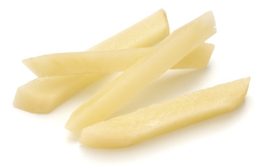Raw Potato sliced strips prepared for French fries isolated on white background